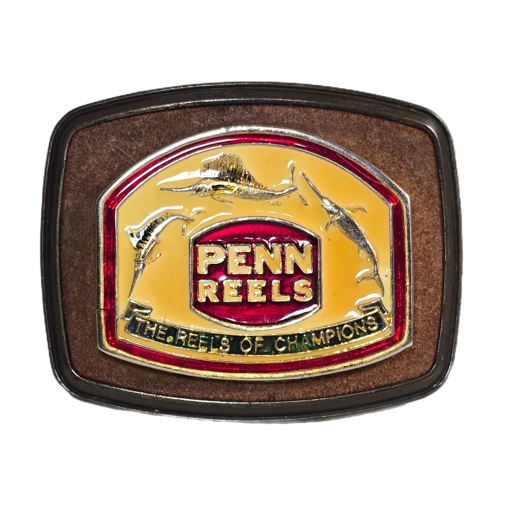 Vtg 1978 Penn Reels Brass Belt Buckle  "The Reels Of Champions" Raintree Fishing